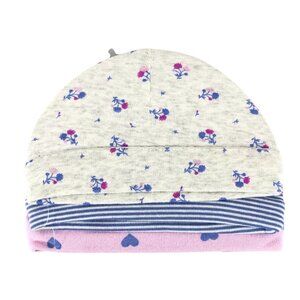 Carters Baby Girls Caps 3 Pack Floral Stripes Hearts Gray Pink Purple 0-3 Months